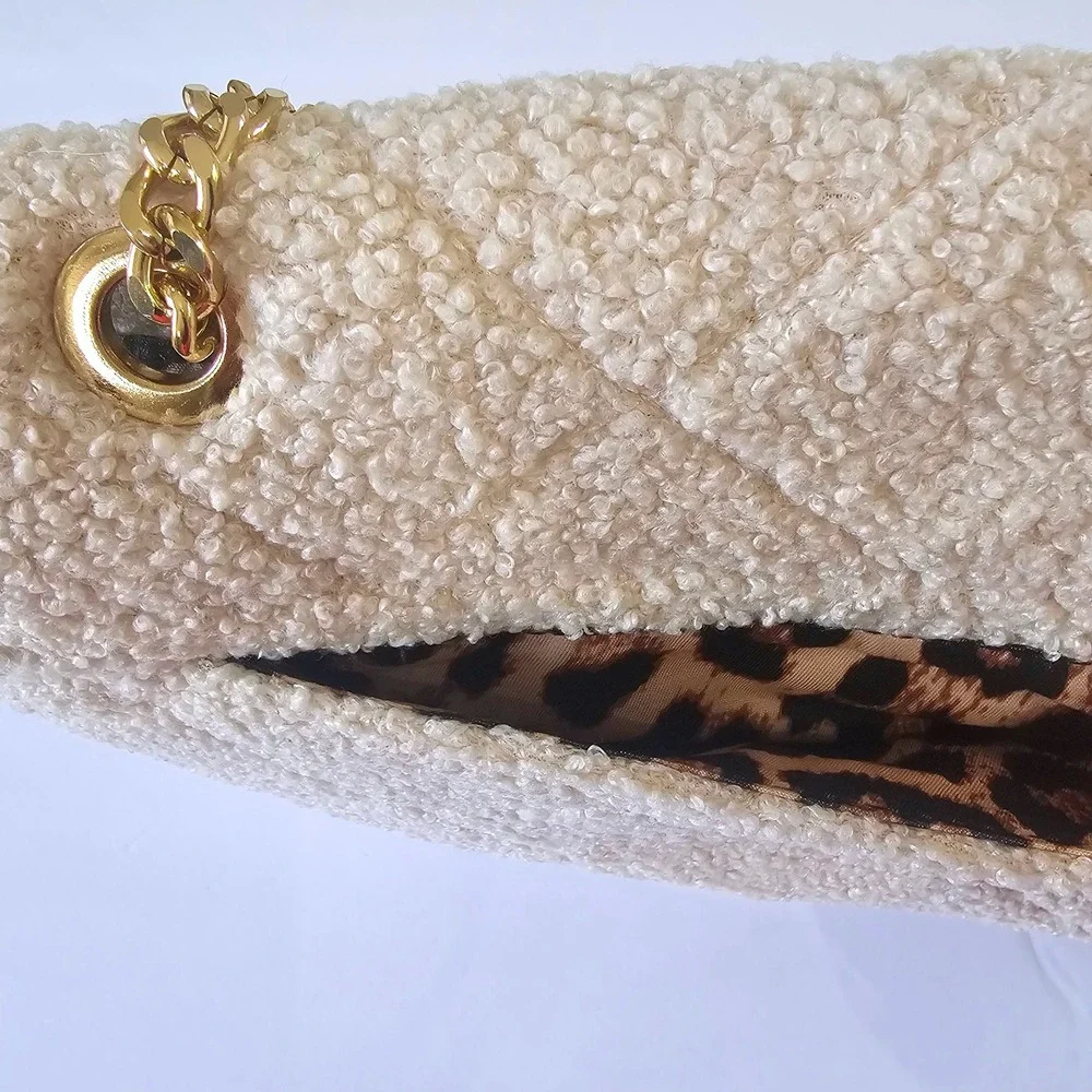 NWT Rachel Zoe Angelica Shoulder‎ Bag Purse Bone Beige Tufted Gold Chain Leopard - Picture 5 of 10